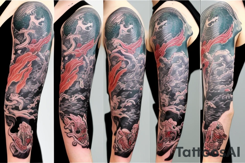 tattoo sleeve with Amaterasu goddess on the shoulder and dragon along the hand tattoo idea