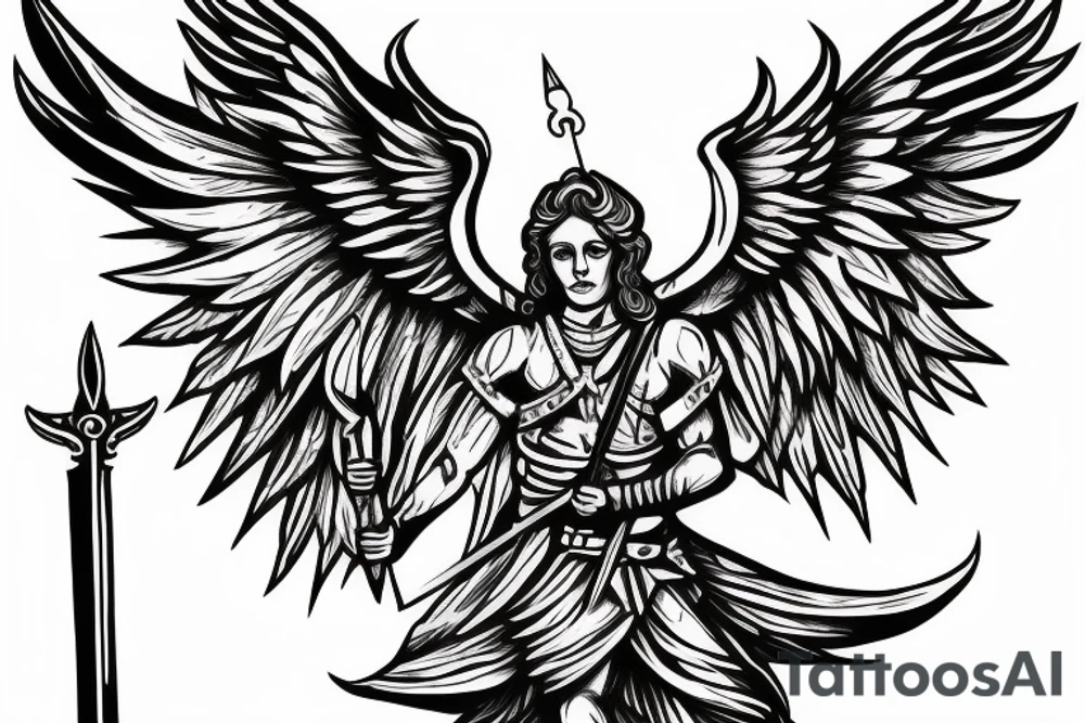archangel Michael
with a sword
symmetrical and front on design tattoo idea