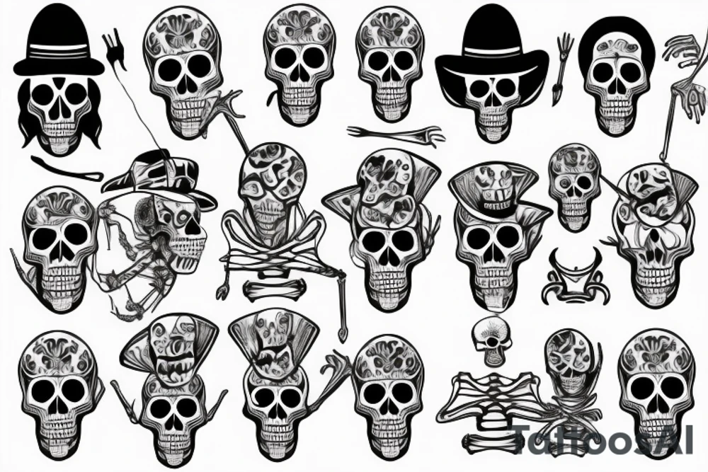 Skeleton man wearing stylish clothes in a cool pose tattoo idea
