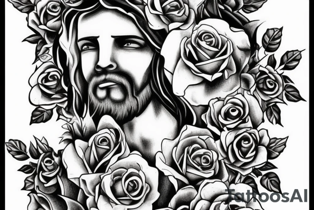 Field of roses leading to a hill with Jesus hanging on the cross tattoo idea