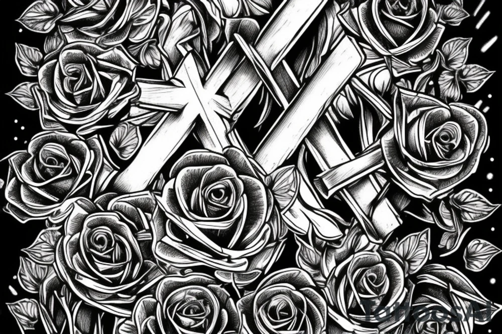 Field of roses leading to a hill with Jesus hanging on the cross tattoo idea