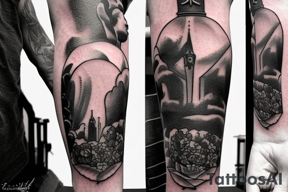 Field of roses leading to a hill with Jesus hanging on the cross in the style of the dark tower by Stephen King tattoo idea