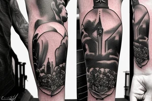 Field of roses leading to a hill with Jesus hanging on the cross in the style of the dark tower by Stephen King tattoo idea