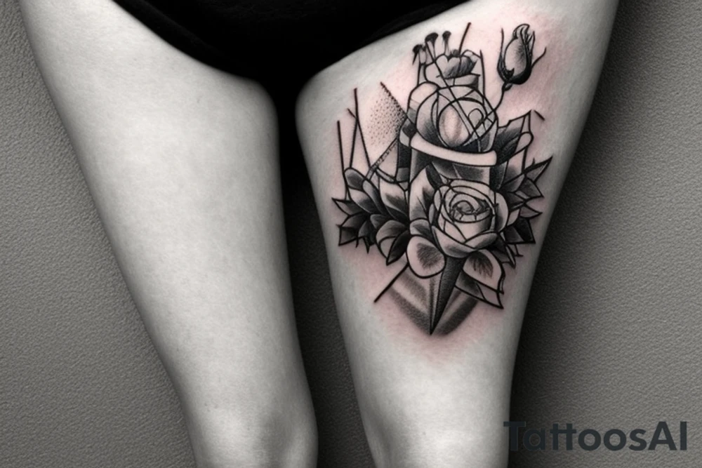 Field of roses leading to a hill with Jesus hanging on the cross in the style of the dark tower by Stephen King tattoo idea