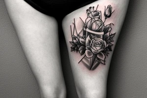 Field of roses leading to a hill with Jesus hanging on the cross in the style of the dark tower by Stephen King tattoo idea