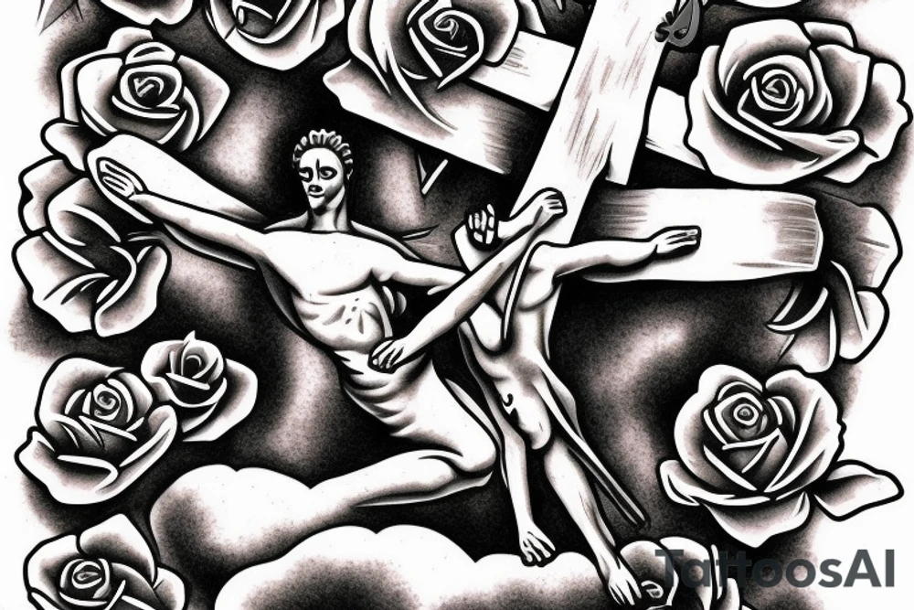 Crucifix rising into angry clouds above a field of roses tattoo idea