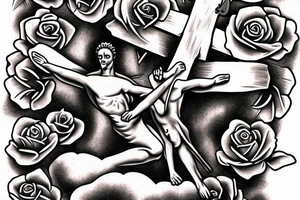 Crucifix rising into angry clouds above a field of roses tattoo idea