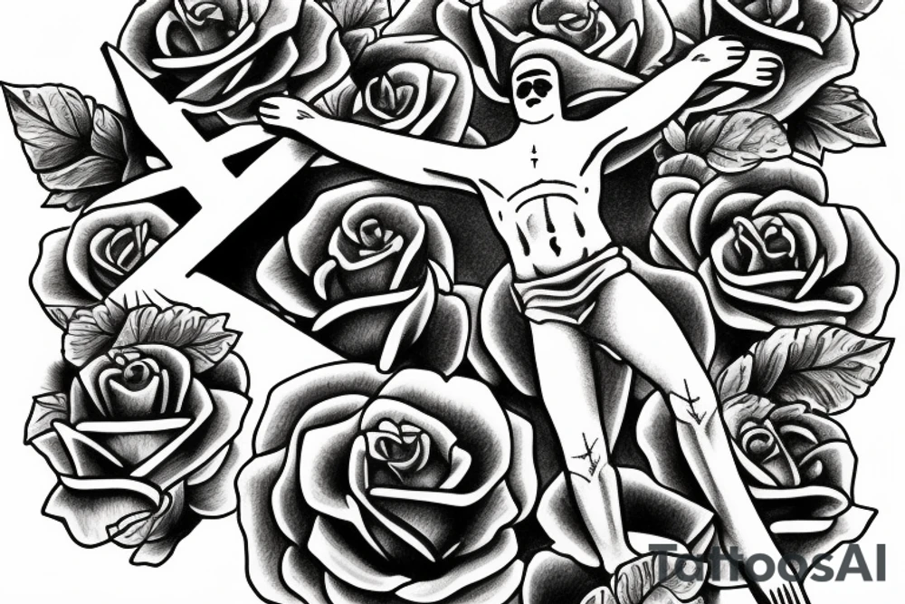 Crucifix rising into angry clouds above a field of roses tattoo idea