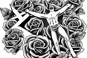 Crucifix rising into angry clouds above a field of roses tattoo idea