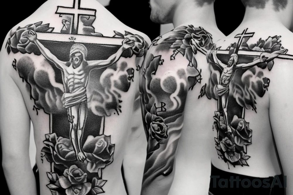 Crucifix rising into angry clouds above a field of roses tattoo idea