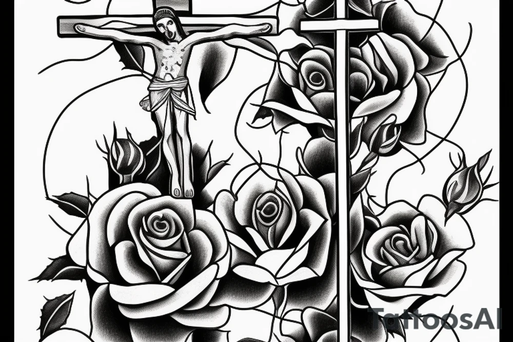 Crucifix rising into angry clouds above a field of roses tattoo idea