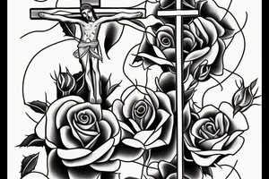 Crucifix rising into angry clouds above a field of roses tattoo idea