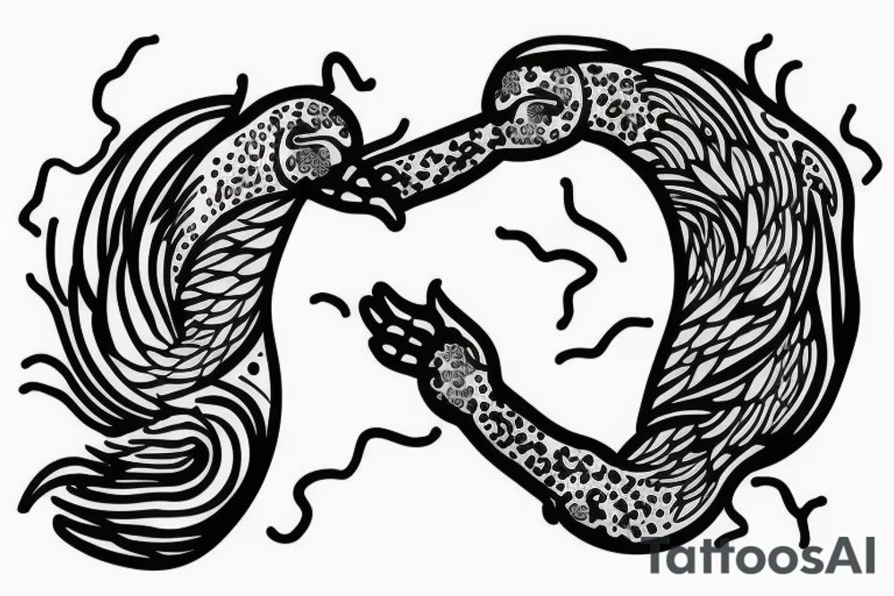 Two imaginary creatures reaching out to each other without touching as in Adam's creation painting tattoo idea