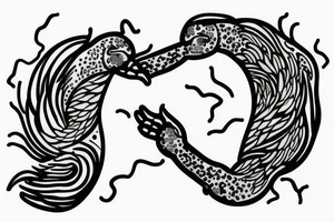 Two imaginary creatures reaching out to each other without touching as in Adam's creation painting tattoo idea