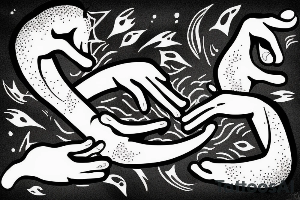 Two imaginary creatures reaching out to each other without touching as in Adam's creation painting tattoo idea