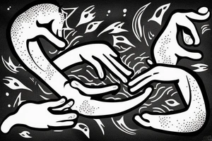 Two imaginary creatures reaching out to each other without touching as in Adam's creation painting tattoo idea
