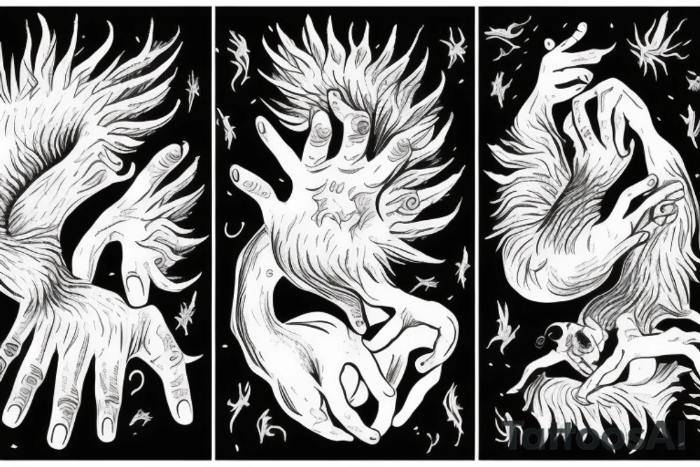 Two imaginary creatures reaching out to each other without touching as in Adam's creation painting tattoo idea