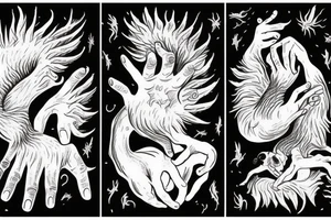 Two imaginary creatures reaching out to each other without touching as in Adam's creation painting tattoo idea