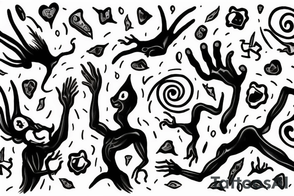 Two imaginary creatures reaching out to each other without touching as in Adam's creation painting tattoo idea