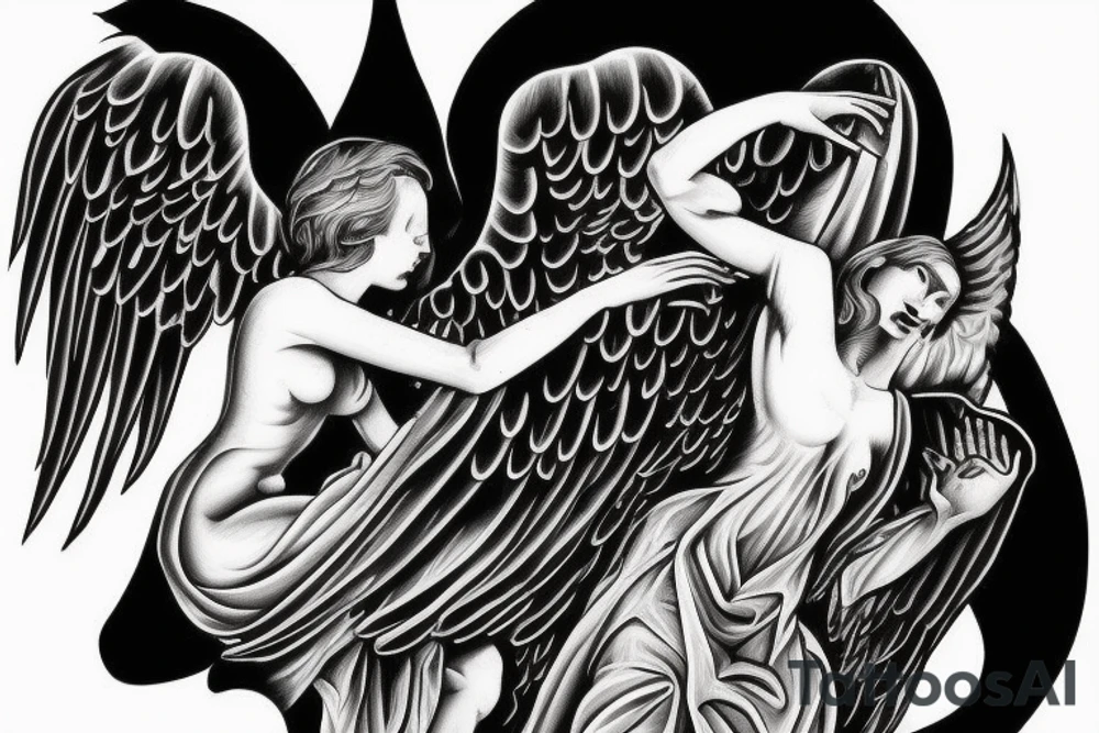Angel and death reaching out to each other without touching as in Adam's creation painting tattoo idea