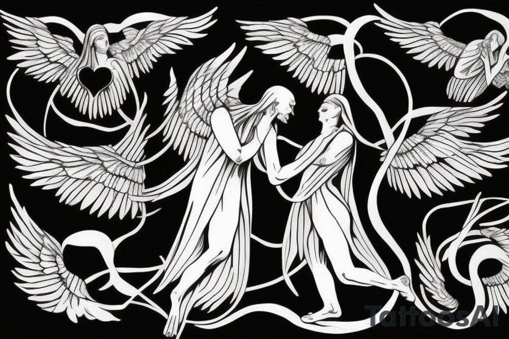 Angel and death reaching out to each other without touching as in Adam's creation painting tattoo idea