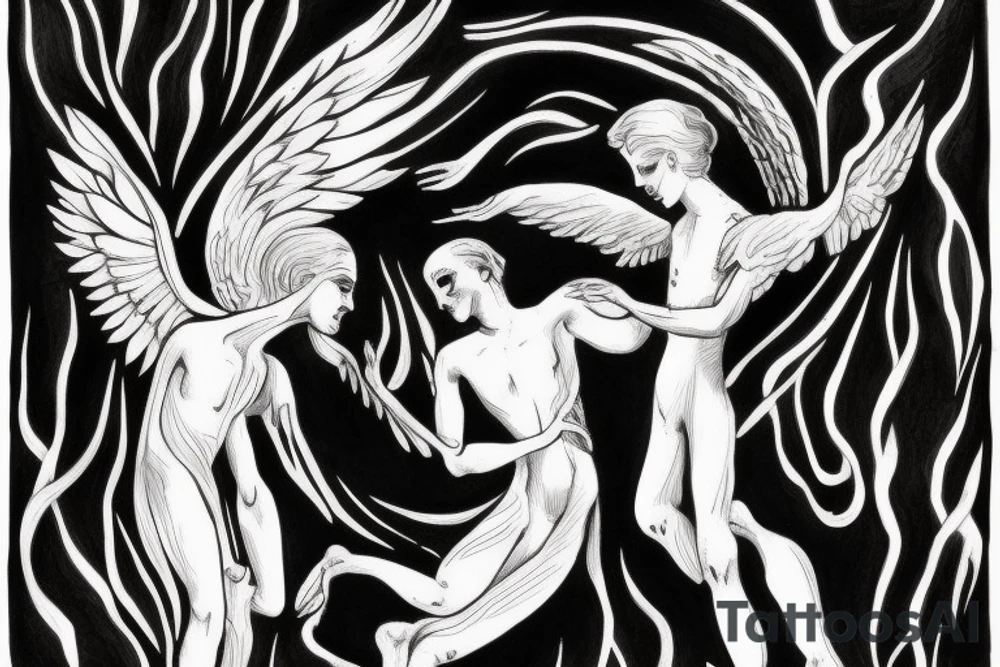 Angel and death reaching out to each other without touching as in Adam's creation painting tattoo idea