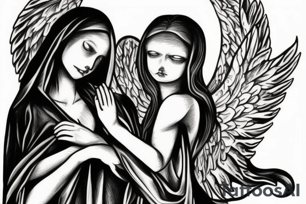 Angel and death reaching out to each other without touching as in Adam's creation painting tattoo idea