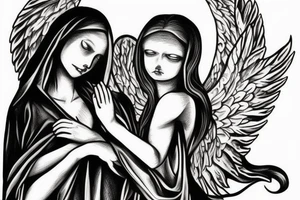 Angel and death reaching out to each other without touching as in Adam's creation painting tattoo idea