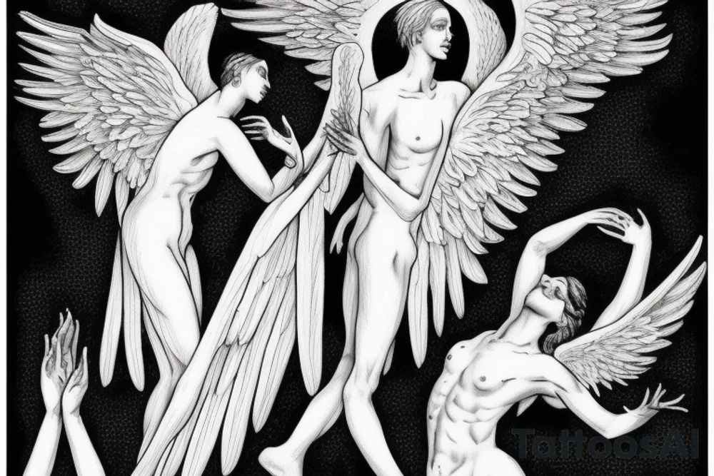 Angel and death reaching out to each other without touching as in Adam's creation painting tattoo idea