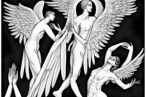Angel and death reaching out to each other without touching as in Adam's creation painting tattoo idea