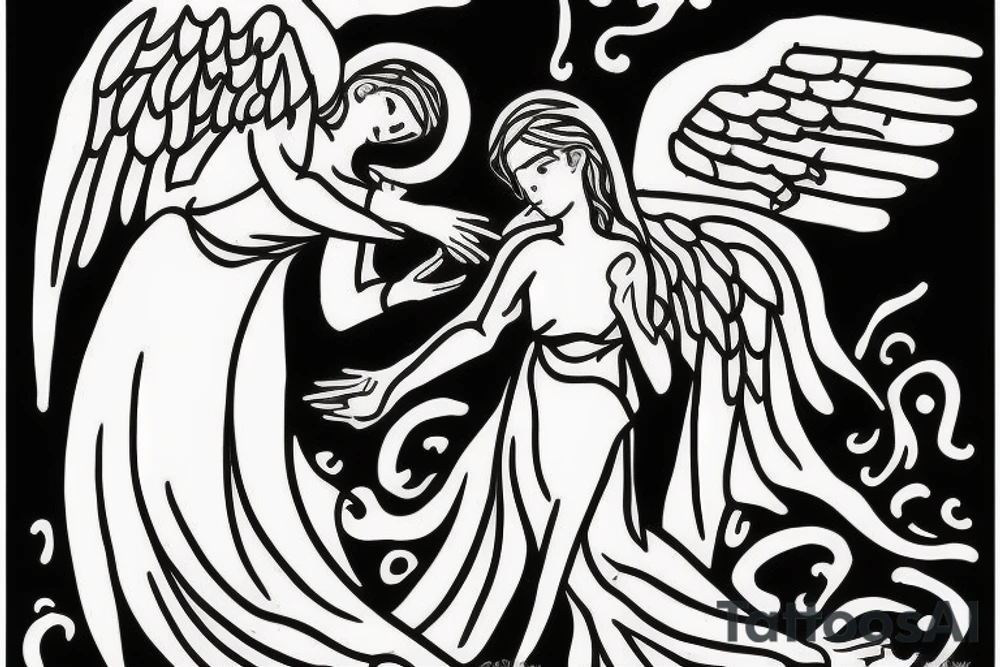 Angel and death reaching out to each other without touching as in Adam's creation painting tattoo idea