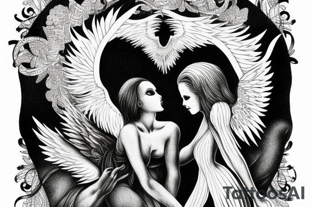 Angel and death reaching out to each other without touching as in Adam's creation painting tattoo idea