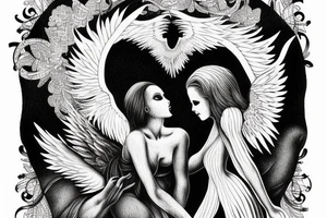 Angel and death reaching out to each other without touching as in Adam's creation painting tattoo idea